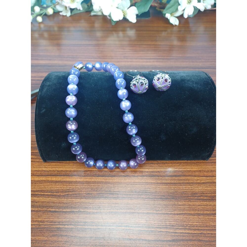 Purple Moonstone Necklace W/Dangle Earrings Beaded Beautiful Sparkle Gorgeous